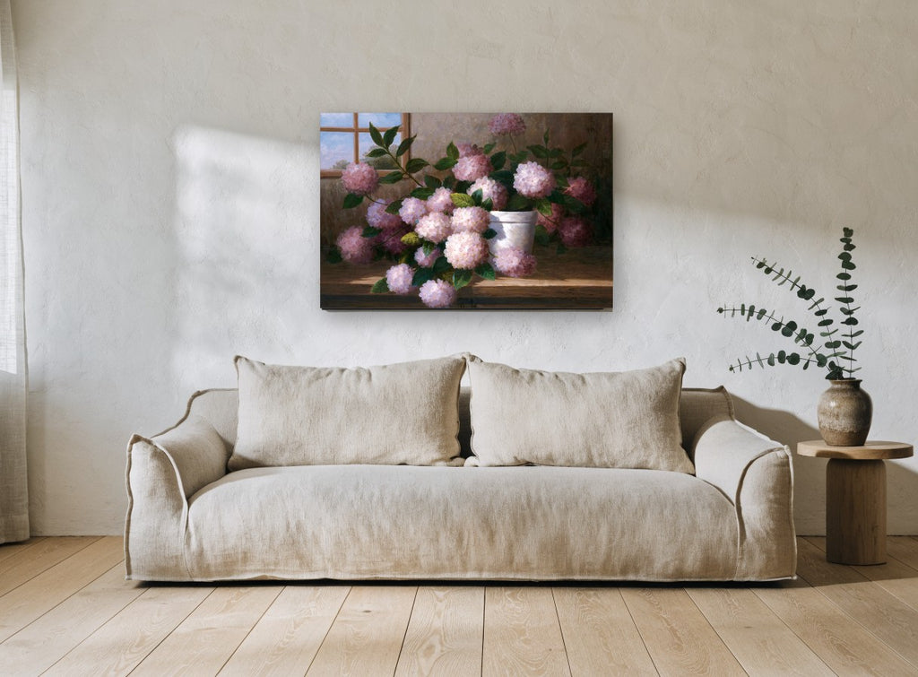 Windowsill Pink Hydrangeas floral canvas print on the wall of a living room