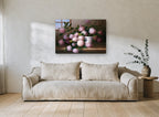 Windowsill Pink Hydrangeas floral canvas print on the wall of a living room