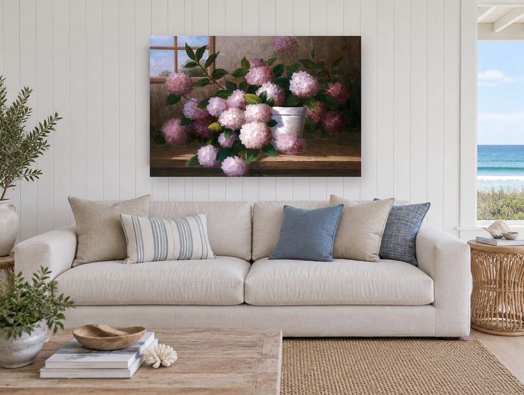 Windowsill Pink Hydrangeas floral canvas print on the wall of a beach house living room