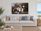 Windowsill Pink Hydrangeas floral canvas print on the wall of a beach house living room