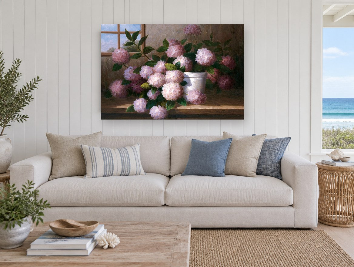 Windowsill Pink Hydrangeas floral canvas print on the wall of a beach house living room