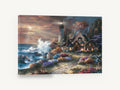 Lighthouse Cottage Glow, lighthouse cottage garden coastal scene, coastal canvas wall art print ready to hang