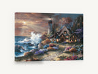 Lighthouse Cottage Glow, lighthouse cottage garden coastal scene, coastal canvas wall art print ready to hang