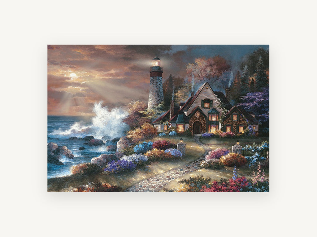 Lighthouse Cottage Glow, coastal canvas wall art print, front view