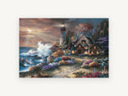 Lighthouse Cottage Glow, coastal canvas wall art print, front view