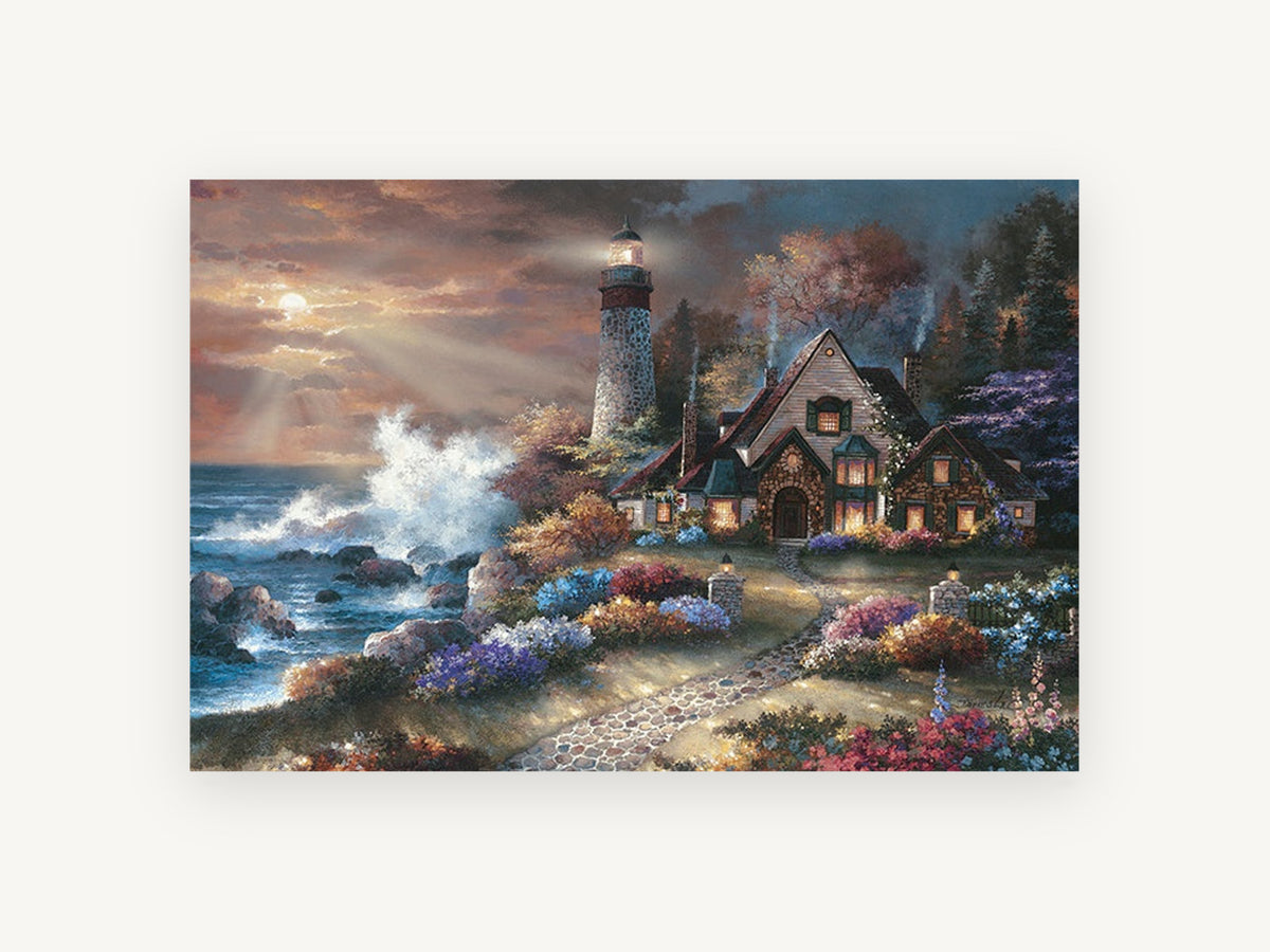 Lighthouse Cottage Glow, coastal canvas wall art print, front view