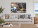 Lighthouse Cottage Glow coastal canvas print on the wall of a beach house living room
