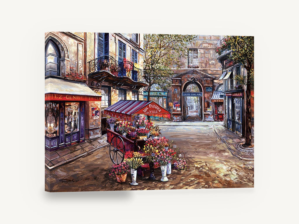 Flower Cart Courtyard, parisian flower cart street scene, floral canvas wall art print ready to hang
