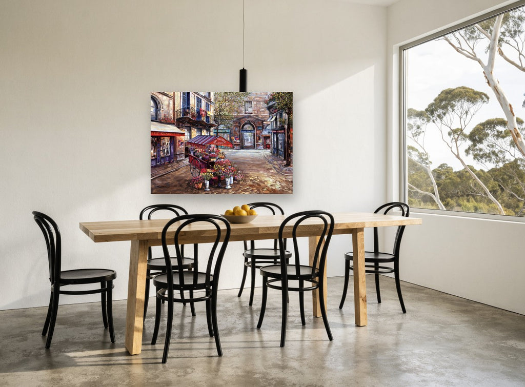 Flower Cart Courtyard floral canvas print on the wall of a dining room