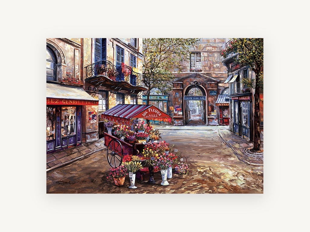 Flower Cart Courtyard, floral canvas wall art print, front view