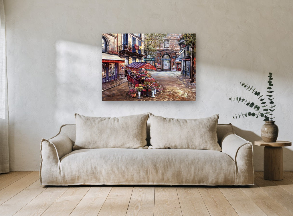 Flower Cart Courtyard floral canvas print on the wall of a living room
