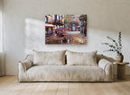 Flower Cart Courtyard floral canvas print on the wall of a living room