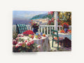 Seaside Terrace Brunch, coastal terrace still life painting, coastal canvas wall art print ready to hang