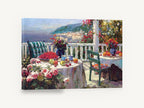 Seaside Terrace Brunch, coastal terrace still life painting, coastal canvas wall art print ready to hang