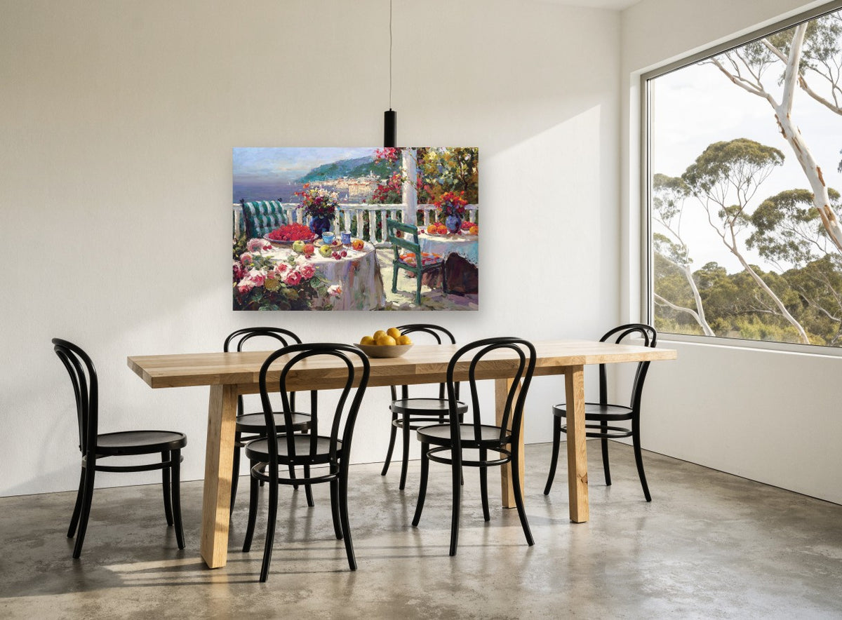 Seaside Terrace Brunch coastal canvas print on the wall of a dining room