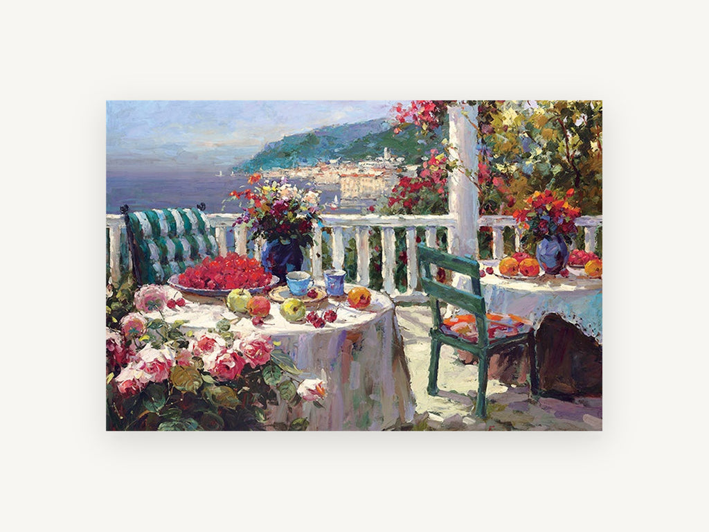 Seaside Terrace Brunch, coastal canvas wall art print, front view