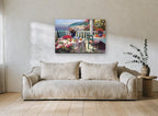 Seaside Terrace Brunch coastal canvas print on the wall of a living room