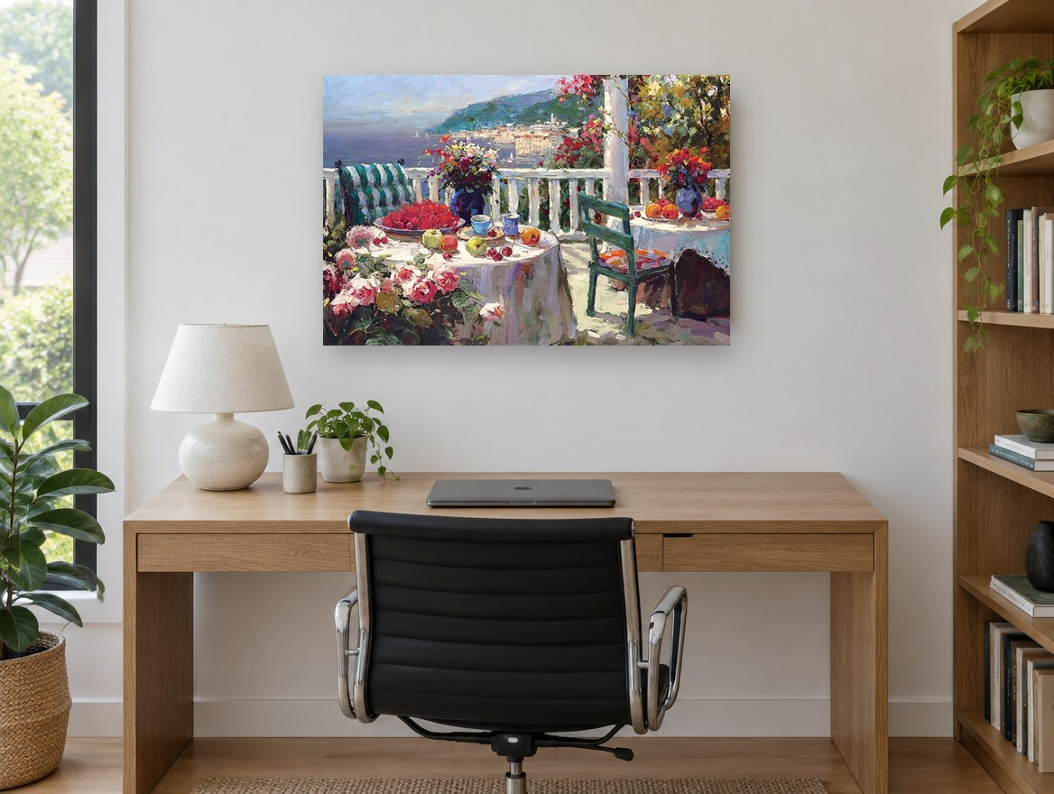 Seaside Terrace Brunch coastal canvas print on the wall of a study