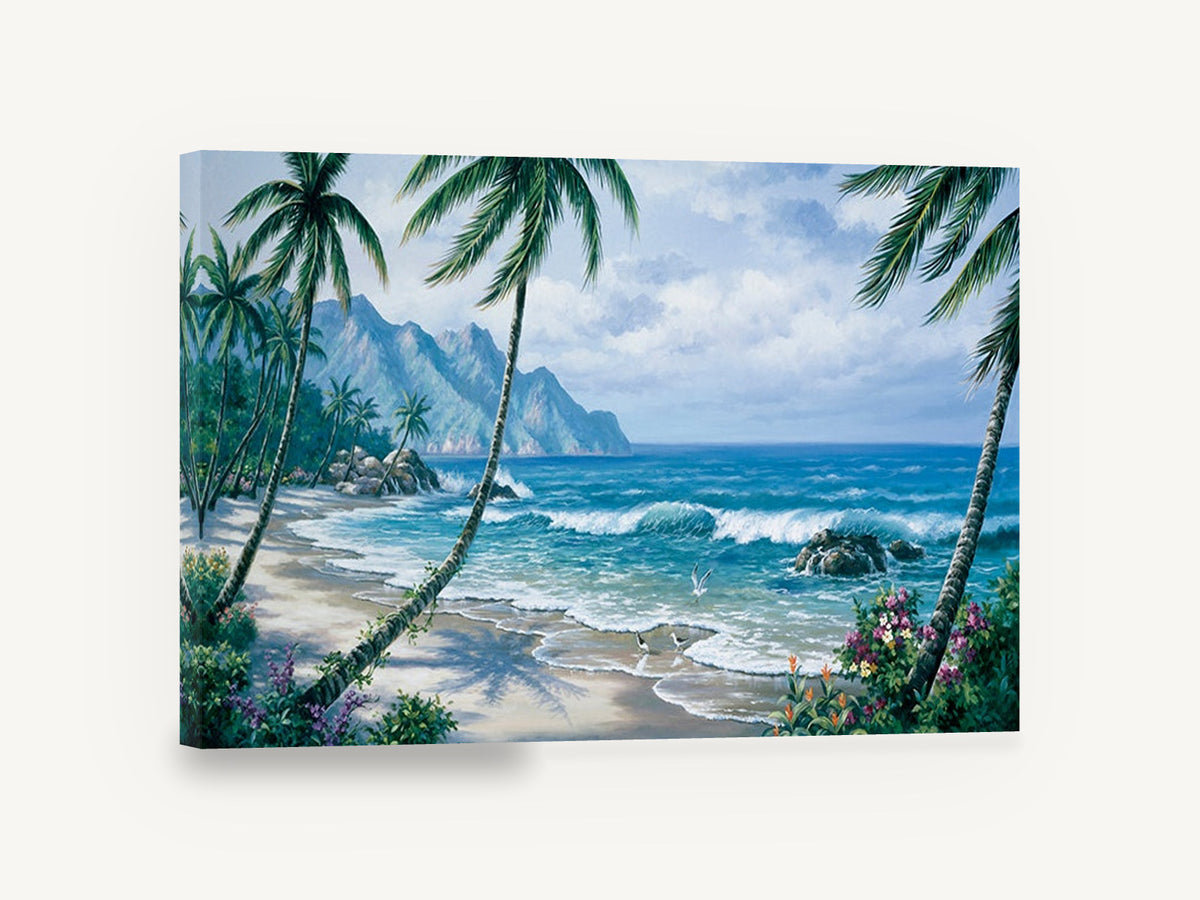 Palm Cove Paradise, tropical beach palm trees seascape, coastal canvas wall art print ready to hang