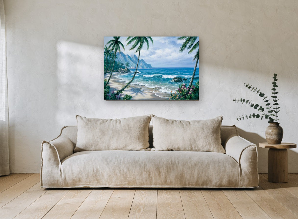 Palm Cove Paradise coastal canvas print on the wall of a living room