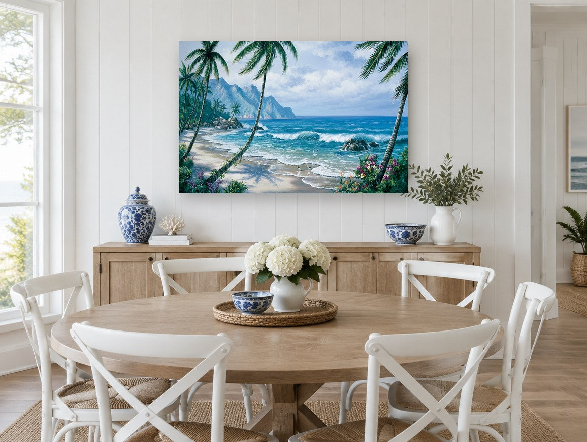 Palm Cove Paradise coastal canvas print on the wall of a Hamptons dining room