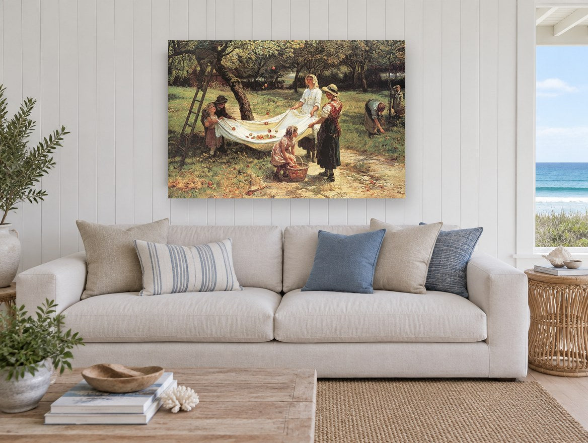 Orchard Apple Harvest floral canvas print on the wall of a beach house living room