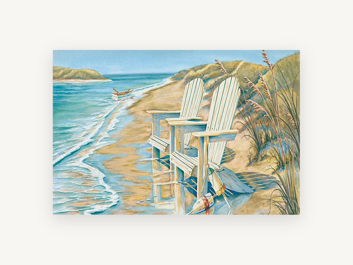 Two Chairs at the Shoreline, coastal canvas wall art print, front view