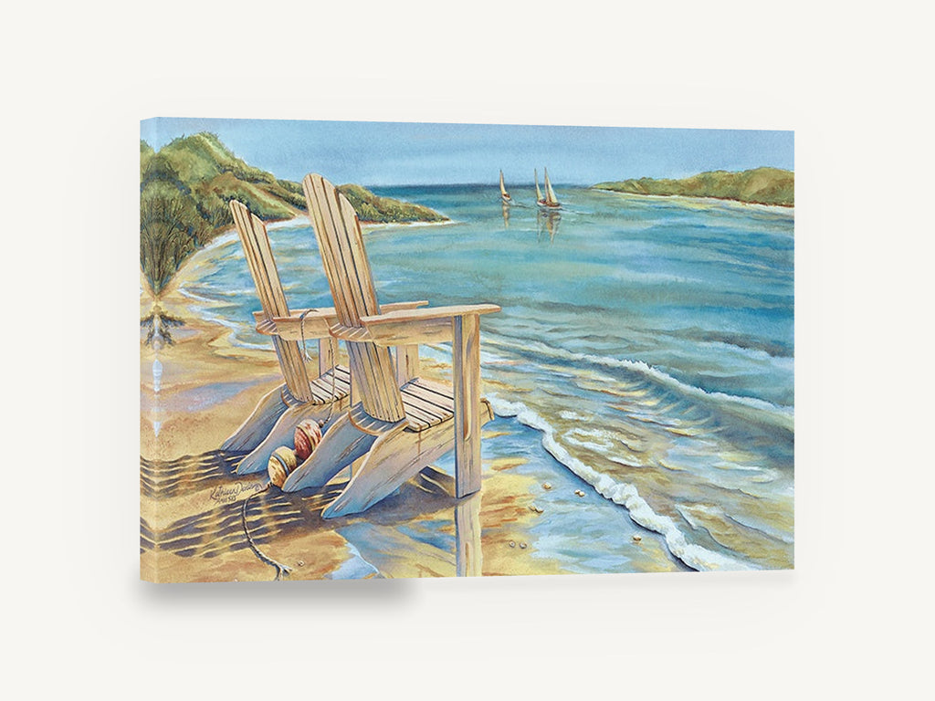 Two Chairs at the Shore, beach chairs sailboats watercolour seascape, coastal canvas wall art print ready to hang