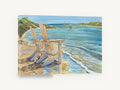 Two Chairs at the Shore, beach chairs sailboats watercolour seascape, coastal canvas wall art print ready to hang