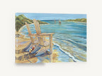 Two Chairs at the Shore, beach chairs sailboats watercolour seascape, coastal canvas wall art print ready to hang