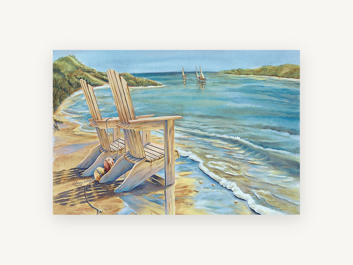 Two Chairs at the Shore, coastal canvas wall art print, front view