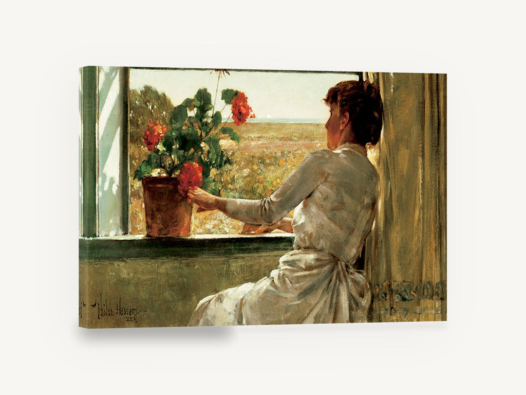 Geranium at the Window, woman at window red geranium impressionist, floral canvas wall art print ready to hang