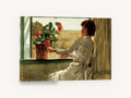 Geranium at the Window, woman at window red geranium impressionist, floral canvas wall art print ready to hang