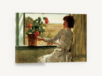 Geranium at the Window, woman at window red geranium impressionist, floral canvas wall art print ready to hang