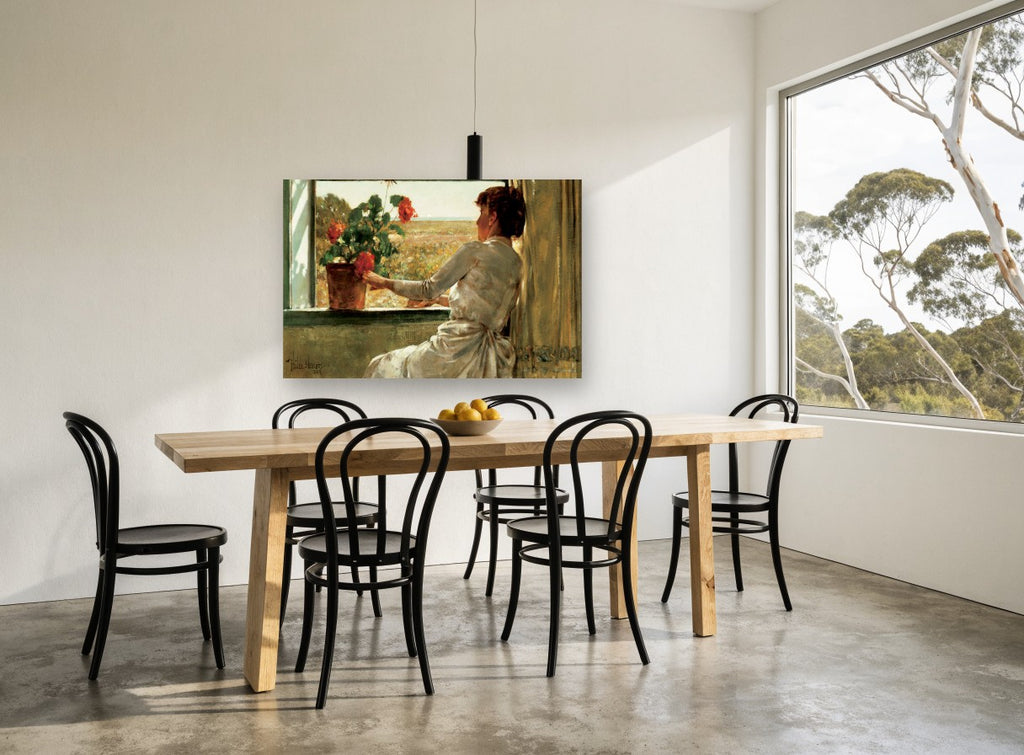 Geranium at the Window floral canvas print on the wall of a dining room