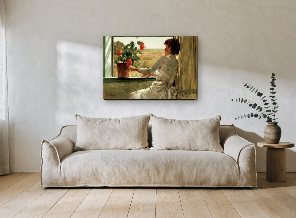 Geranium at the Window floral canvas print on the wall of a living room