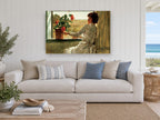 Geranium at the Window floral canvas print on the wall of a beach house living room