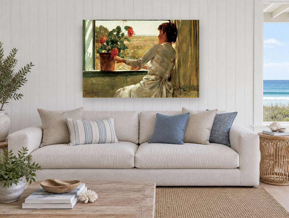 Geranium at the Window floral canvas print on the wall of a beach house living room