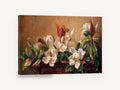 Magnolias on Carved Mantel, white magnolia blooms still life painting, floral canvas wall art print ready to hang