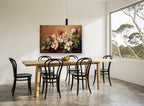 Magnolias on Carved Mantel floral canvas print on the wall of a dining room