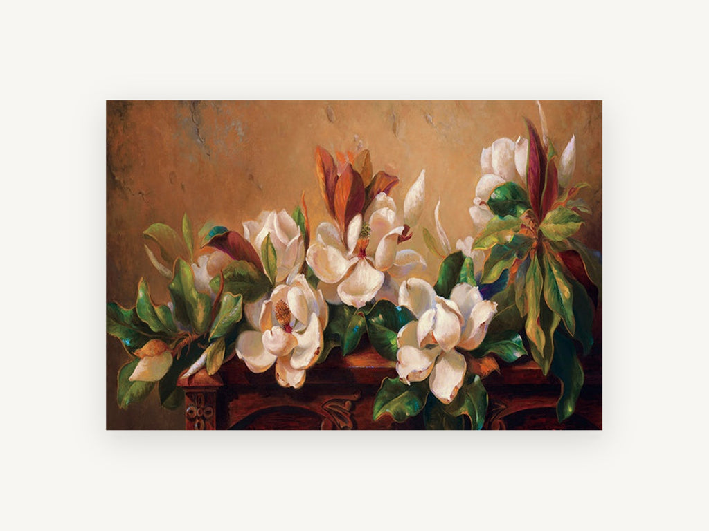 Magnolias on Carved Mantel, floral canvas wall art print, front view