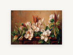Magnolias on Carved Mantel, floral canvas wall art print, front view