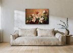 Magnolias on Carved Mantel floral canvas print on the wall of a living room
