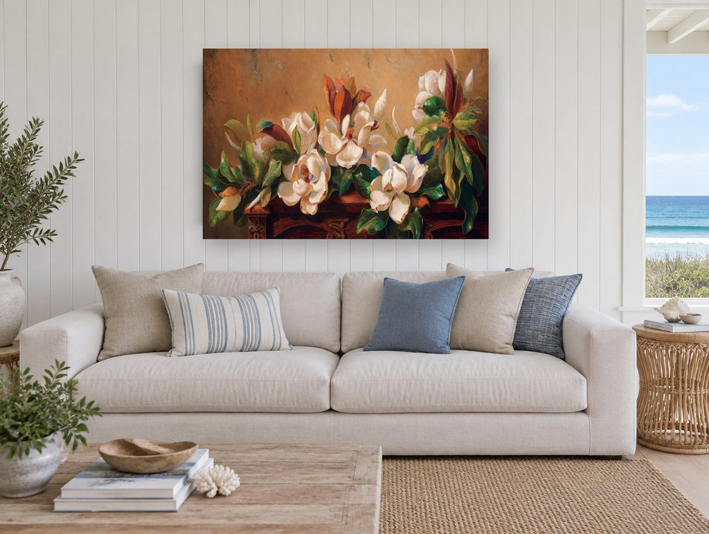 Magnolias on Carved Mantel floral canvas print on the wall of a beach house living room