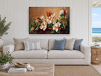Magnolias on Carved Mantel floral canvas print on the wall of a beach house living room
