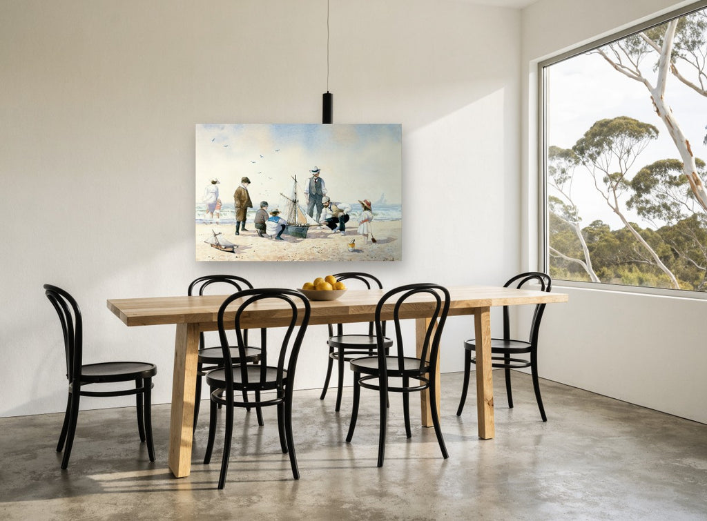 Boys and Their Boat coastal canvas print on the wall of a dining room
