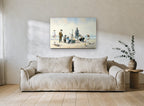 Boys and Their Boat coastal canvas print on the wall of a living room