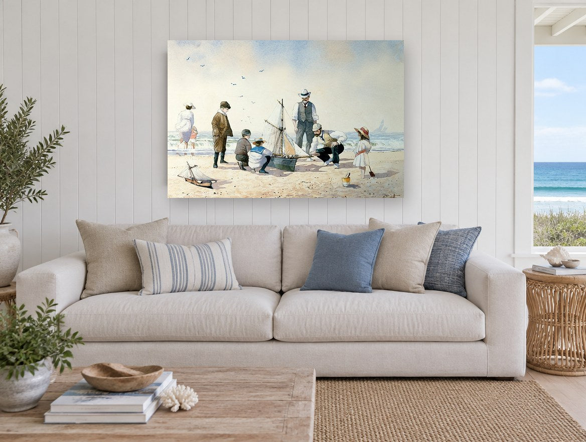 Boys and Their Boat coastal canvas print on the wall of a beach house living room