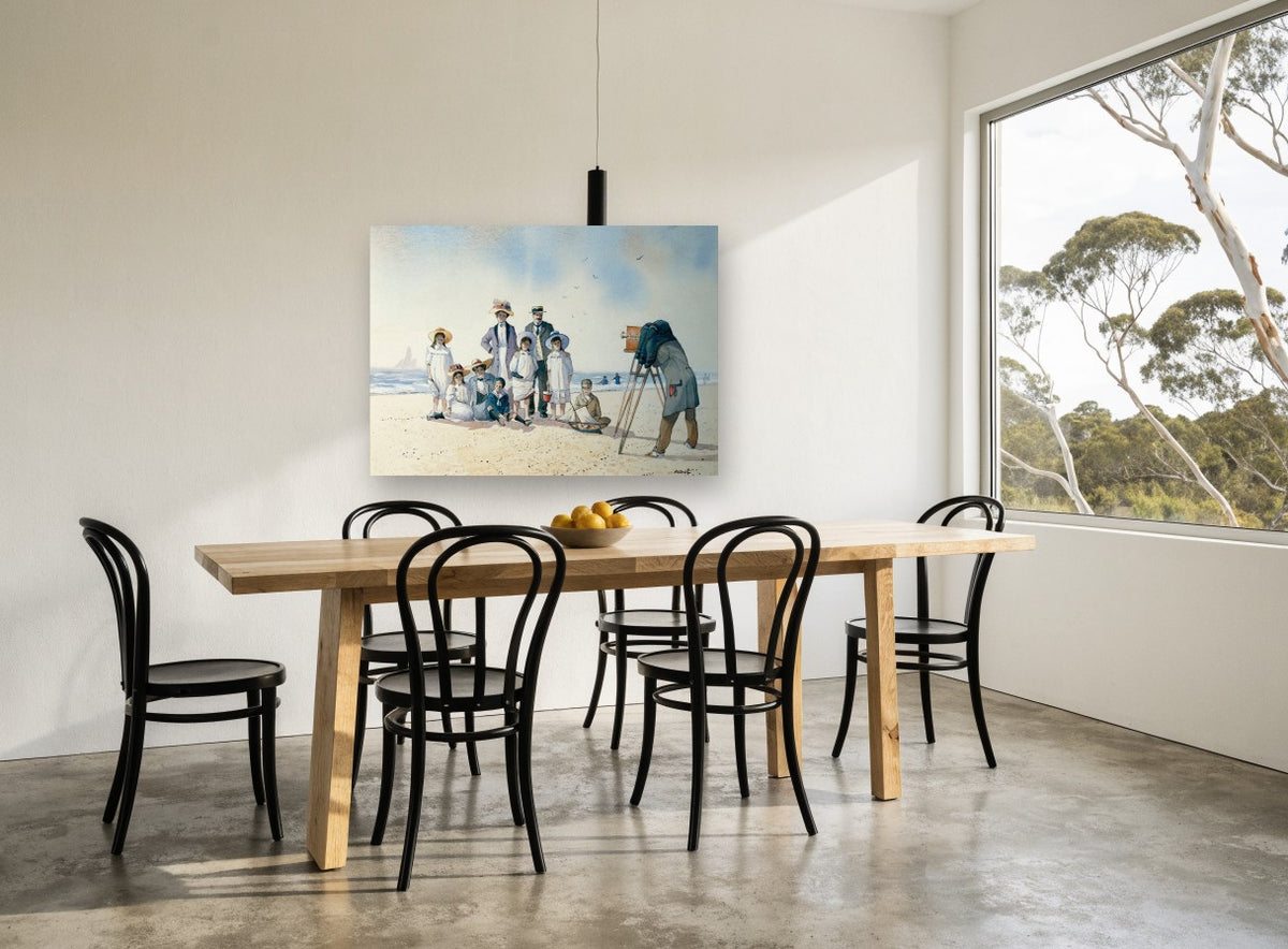 Family Beach Portrait coastal canvas print on the wall of a dining room