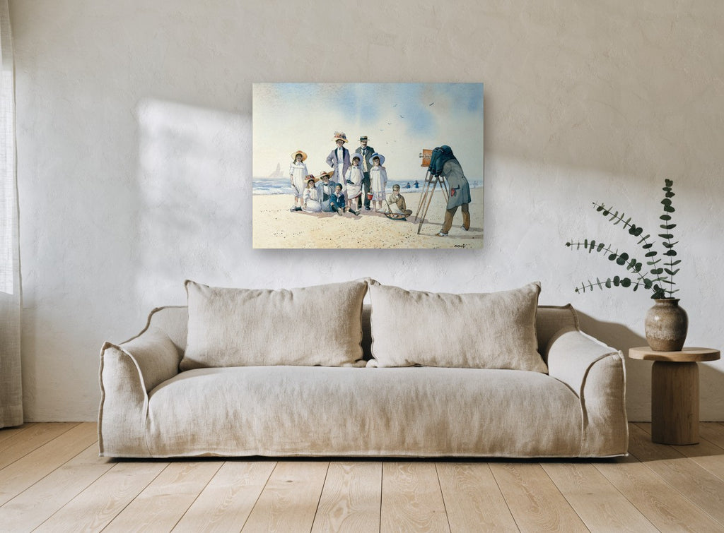 Family Beach Portrait coastal canvas print on the wall of a living room